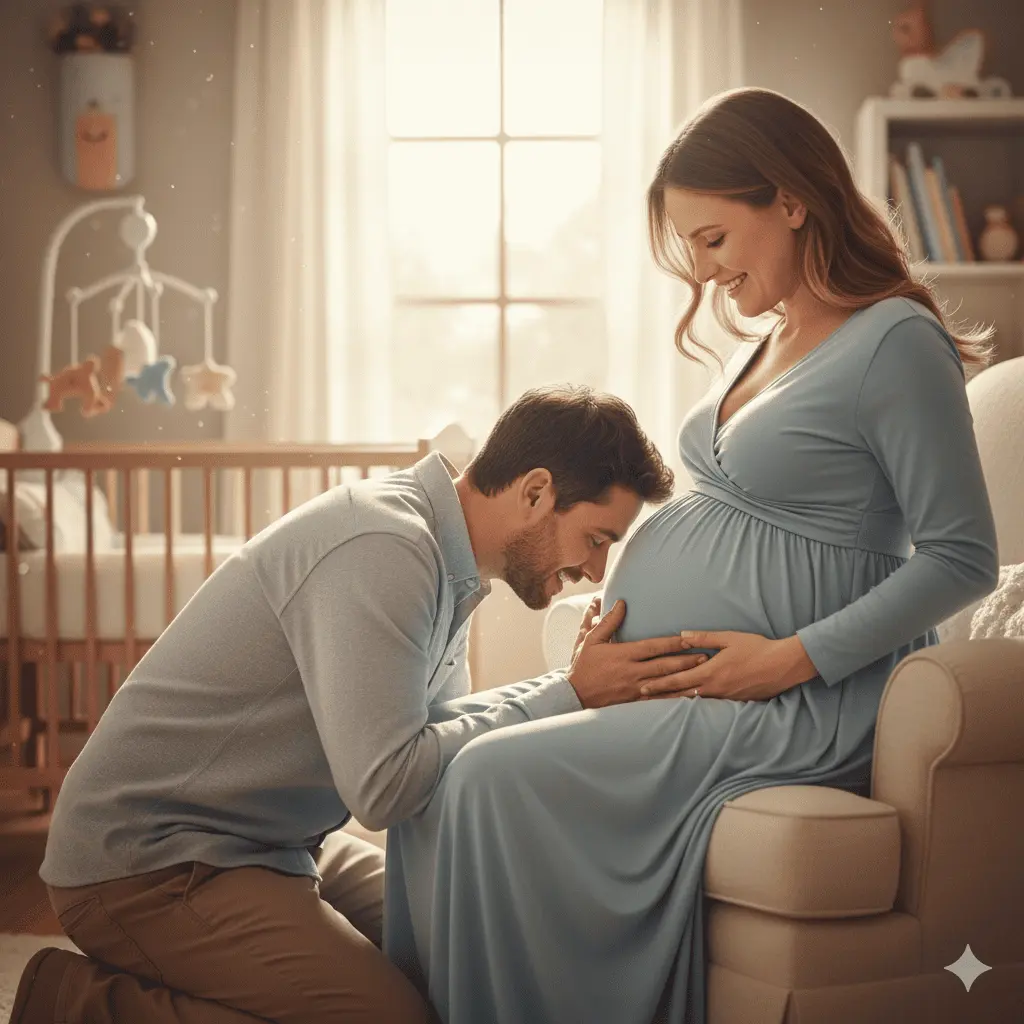 An expectant father listens to his baby's kicks on his wife's pregnant belly.