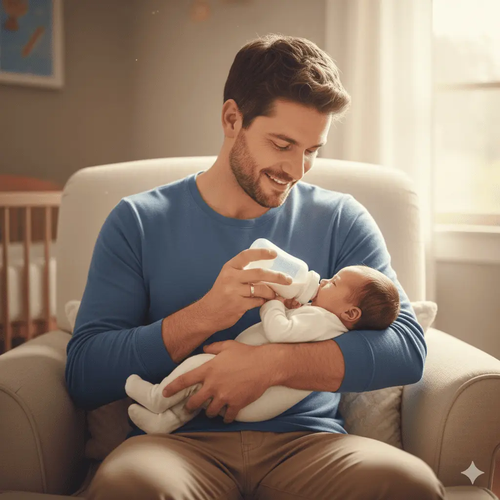A father holds his baby and feeds them with a bottle.