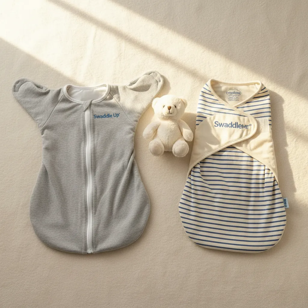 SwaddleUp (Love to Dream) and SwaddleMe side-by-side comparison. Left shows SwaddleMe with arms-down velcro design; right shows SwaddleUp with arms-up wing pocket design.