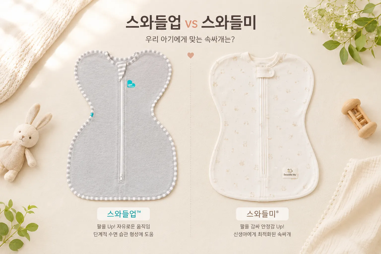 스와들업(SwaddleUp)과 스와들미(SwaddleMe) 신생아 속싸개 두 제품을 나란히 비교한 사진. 왼쪽은 팔을 위로 올린 W자 형태의 스와들업, 오른쪽은 벨크로 방식의 스와들미 제품.
