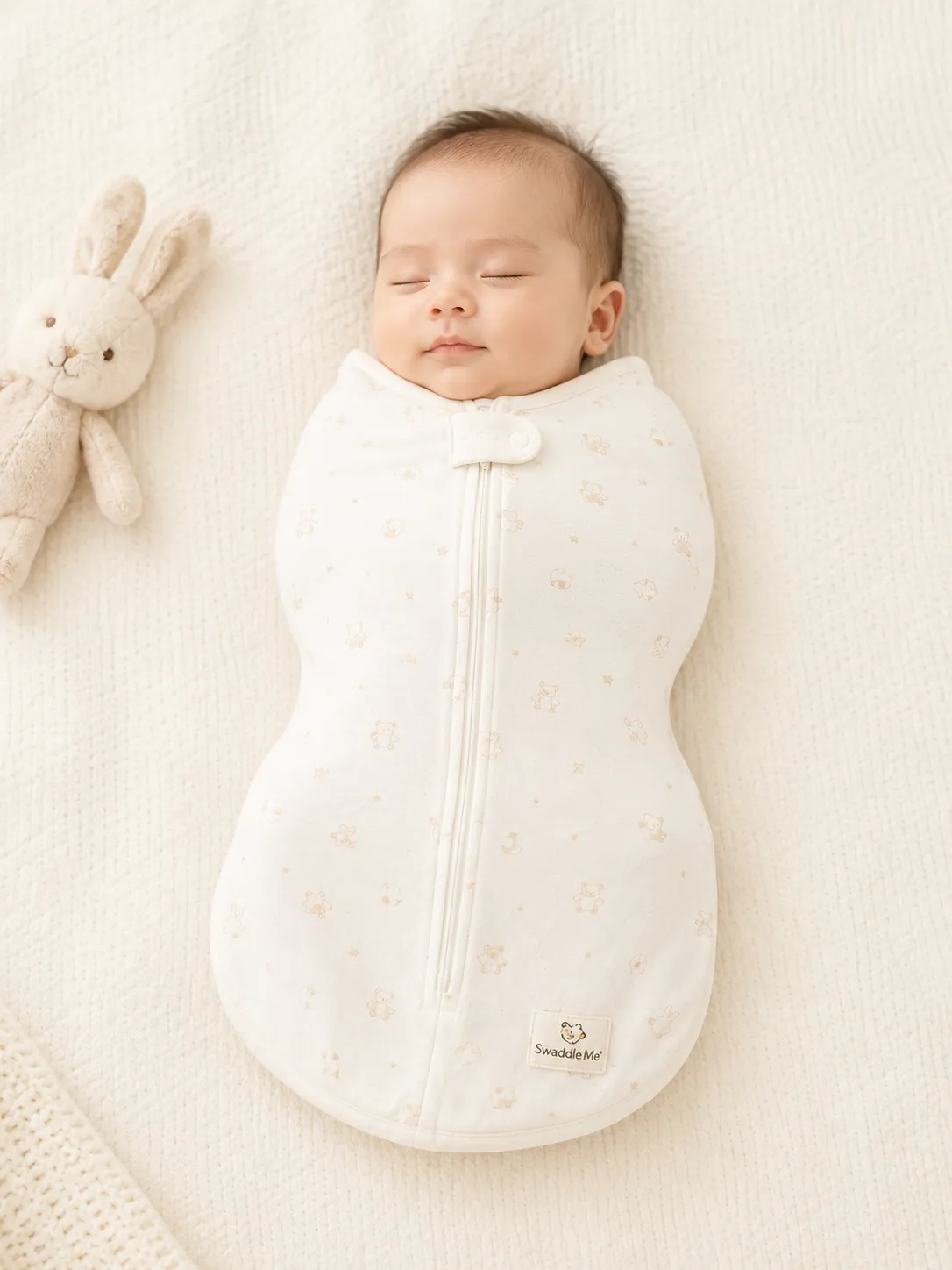 Newborn baby wearing a SwaddleMe swaddle with arms securely held down at sides using velcro wing closure. Baby appears calm and snugly wrapped.