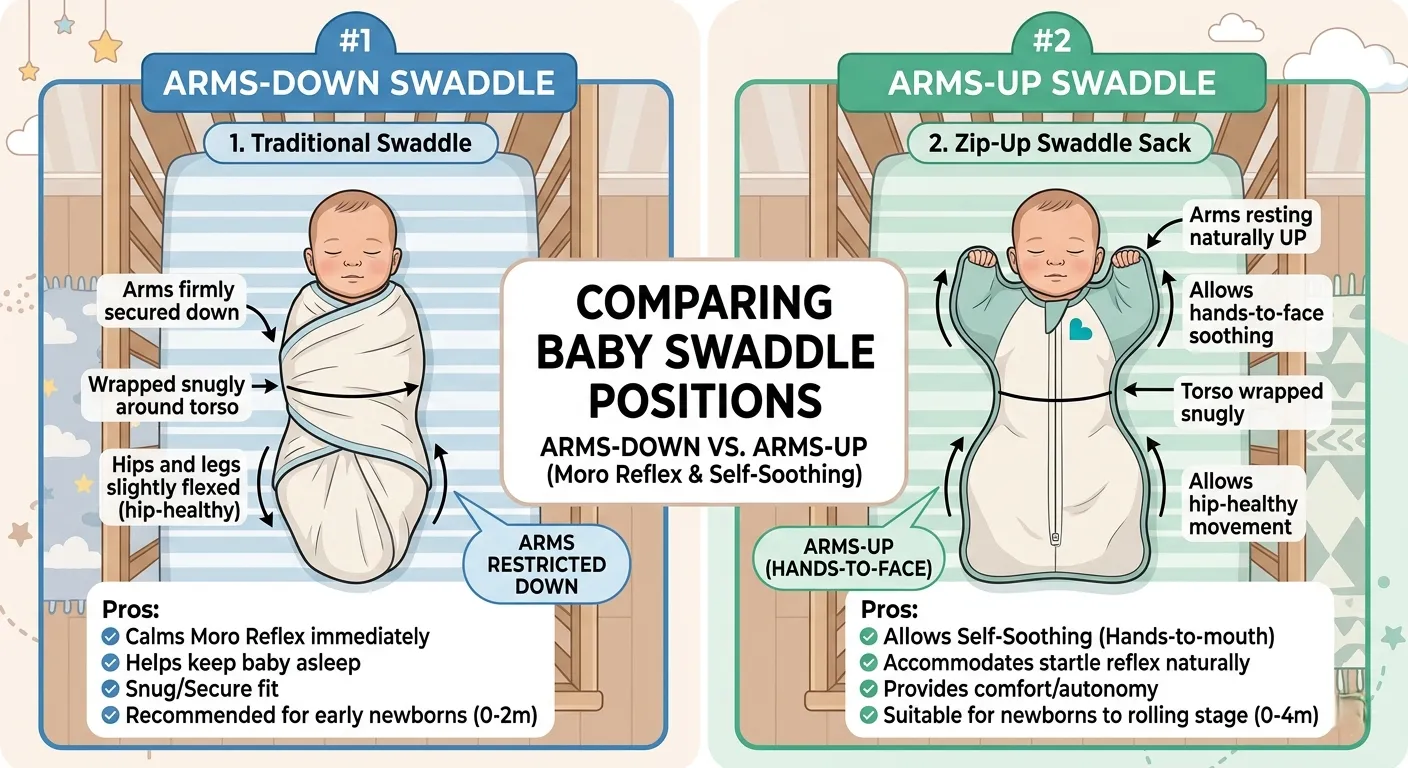 Side-by-side visual comparison of SwaddleMe (arms down at sides) versus SwaddleUp (arms up in W-position near face). Illustrates the fundamental design philosophy difference between the two products.