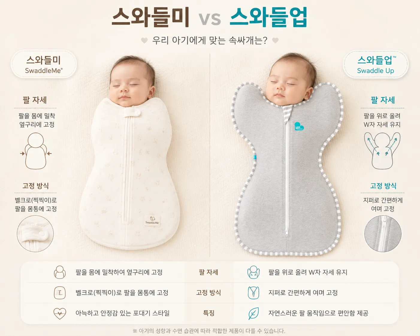 스와들업과 스와들미의 팔 자세 차이를 보여주는 비교 이미지. 왼쪽(스와들미)는 팔이 옆구리에 내려진 모습, 오른쪽(스와들업)은 팔이 얼굴 옆으로 올라간 W자 자세.