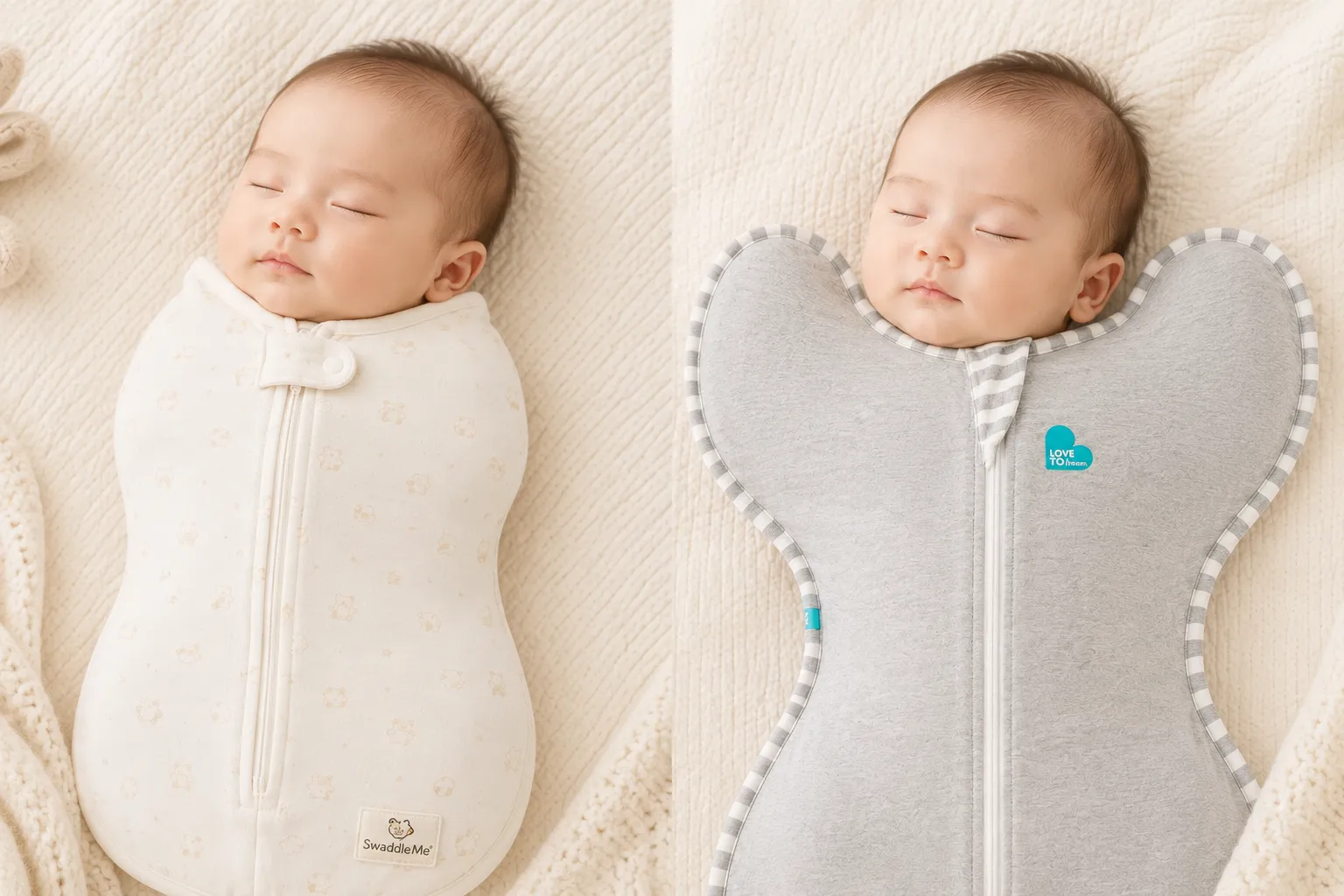 Peaceful sleeping newborn wearing a swaddle, eyes closed, face relaxed in deep undisturbed sleep. The swaddle prevents the Moro reflex from waking the baby.