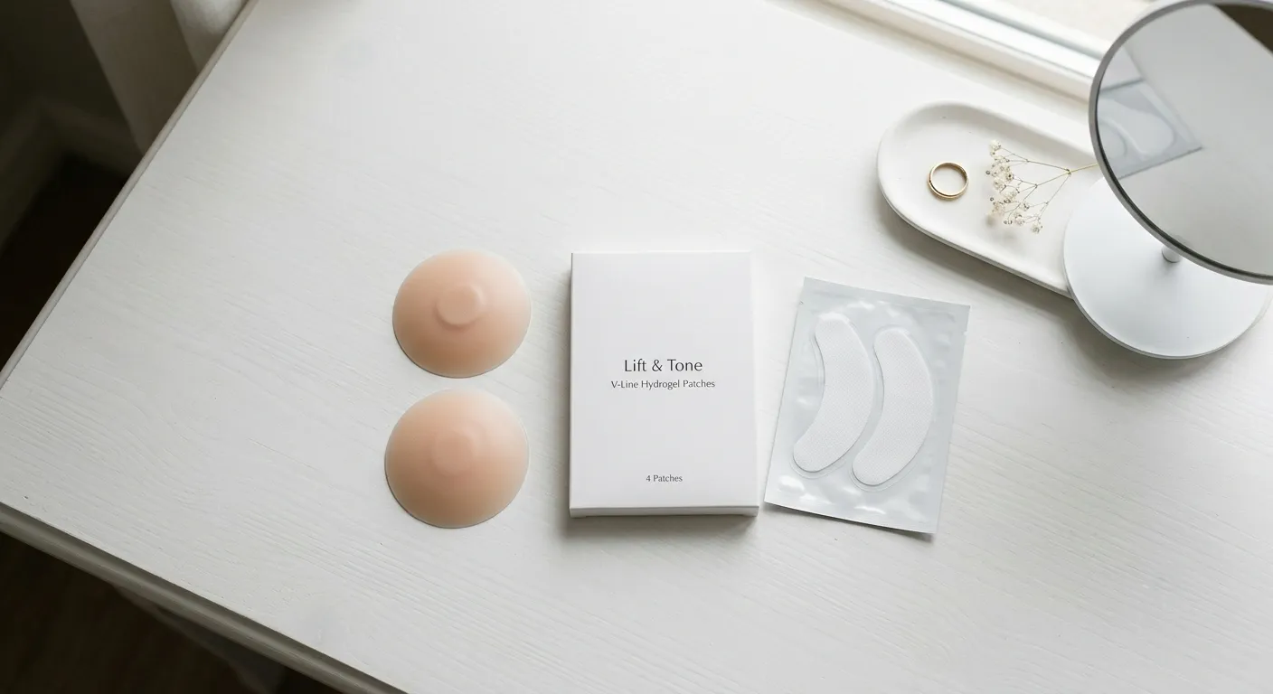 Flat lay photo of silicone and lifting-style nipple patches arranged neatly on a minimal white vanity table