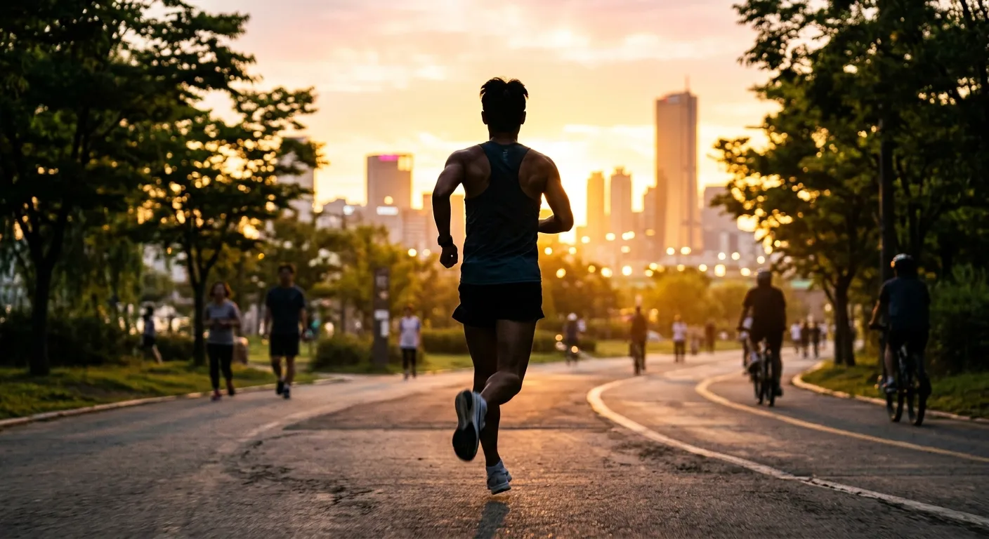 A man running in a lightweight running shirt through an urban park at sunrise, dynamic silhouette
