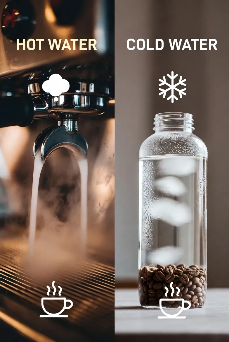 에스프레소 머신의 포타필터에서 추출되는 샷과 투명한 유리병에서 천천히 우러나는 콜드브루의 대비 이미지