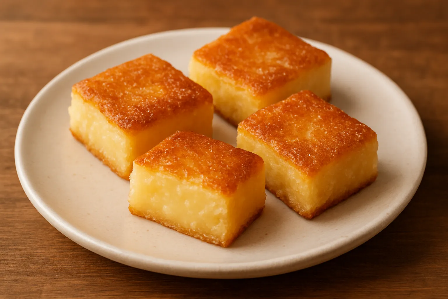 Butter Tteok — golden crispy outside, soft chewy inside, generously coated in rich butter, displayed on a wooden board in a Korean cafe setting