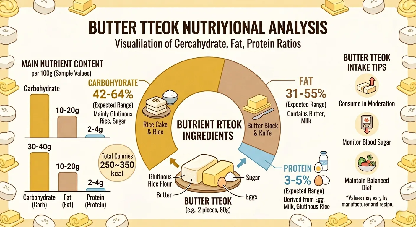 Butter Tteok nutritional analysis infographic showing carbohydrate, fat, protein and sugar breakdown per 100g serving