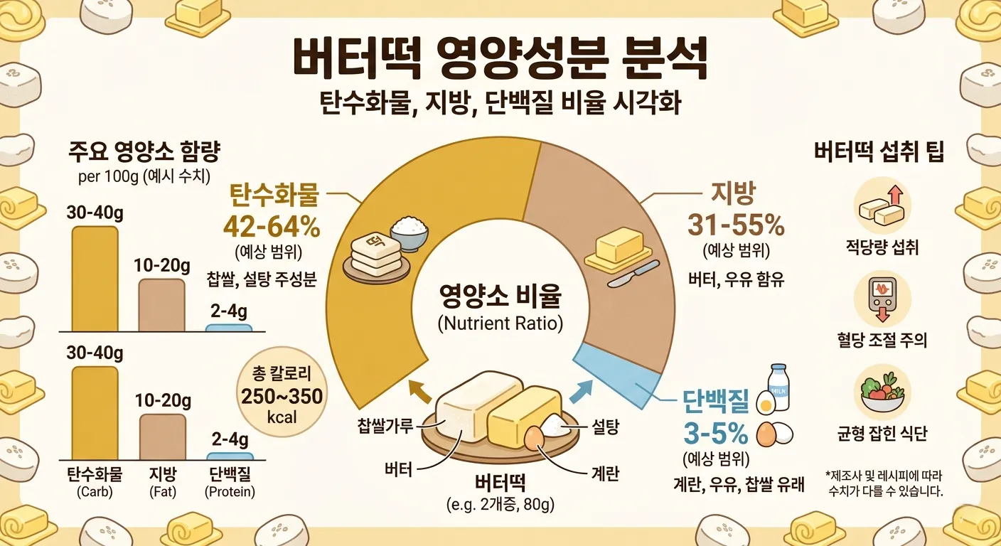 버터떡 영양성분 분석 인포그래픽 - 탄수화물, 지방, 단백질 비율 시각화