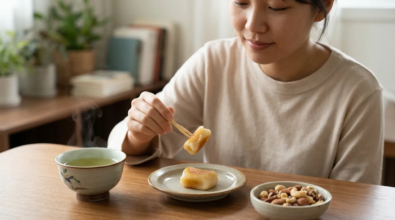 A person enjoying one piece of Butter Tteok alongside a cup of green tea and a small bowl of nuts, representing mindful and balanced consumption