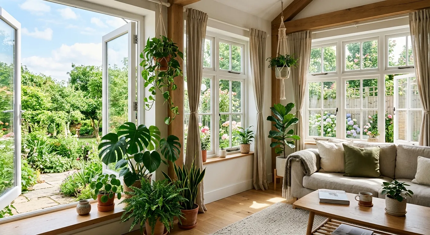 Bright interior space with proper ventilation, fresh air flowing through windows with indoor plants