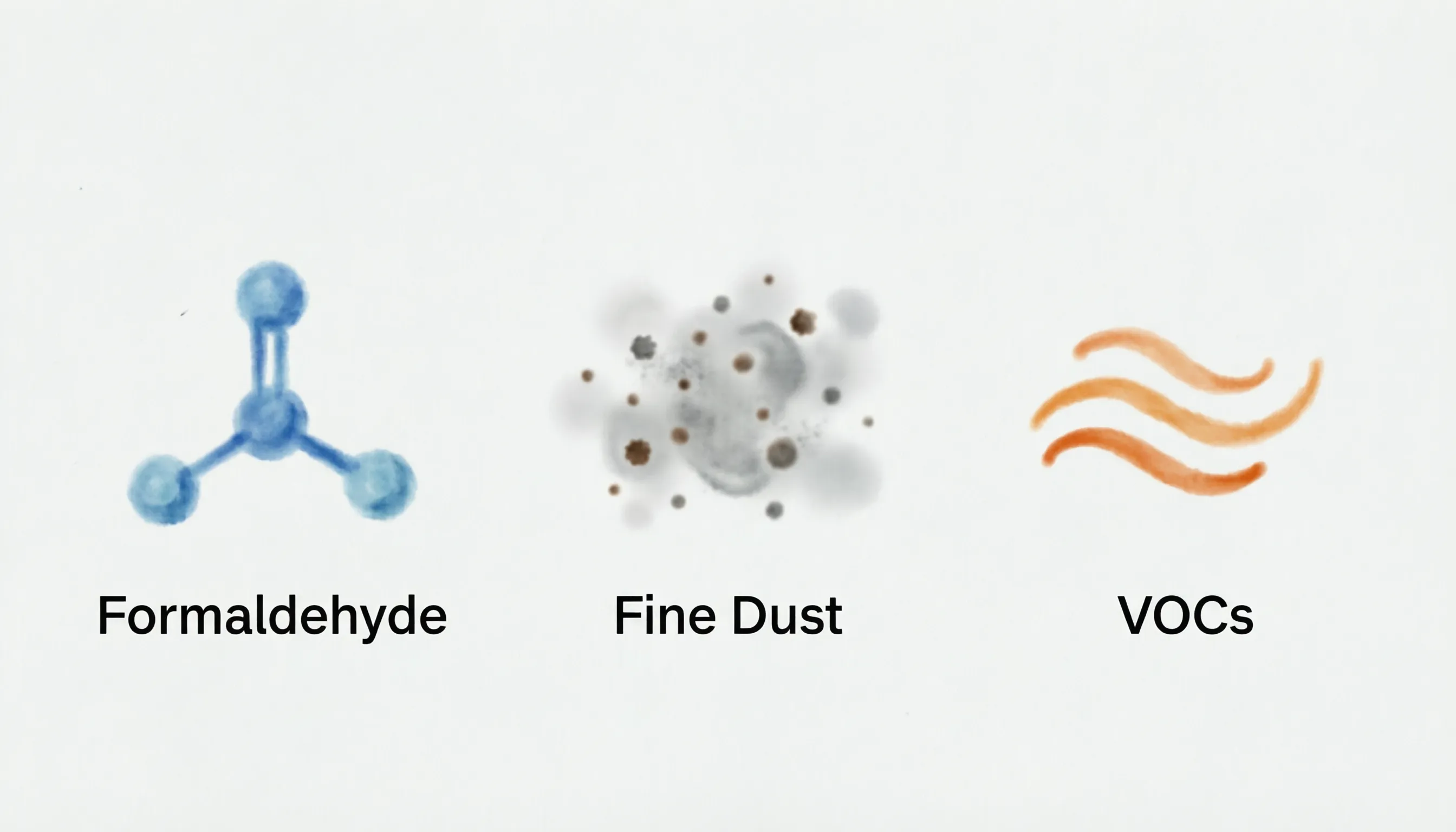 Infographic showing indoor air pollutants: formaldehyde, fine dust, VOCs