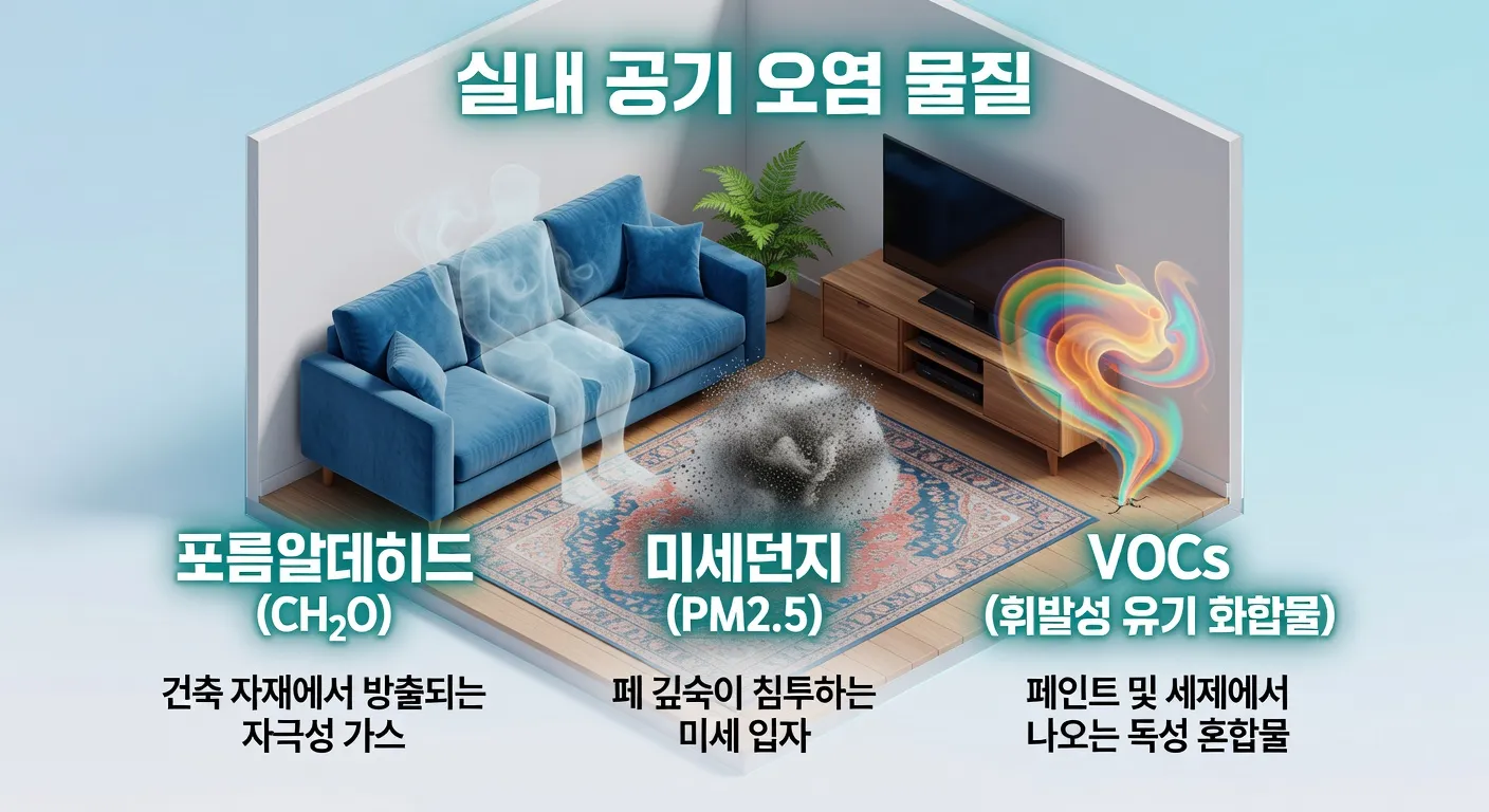실내 공기 오염 물질을 보여주는 인포그래픽: 포름알데히드, 미세먼지, VOCs