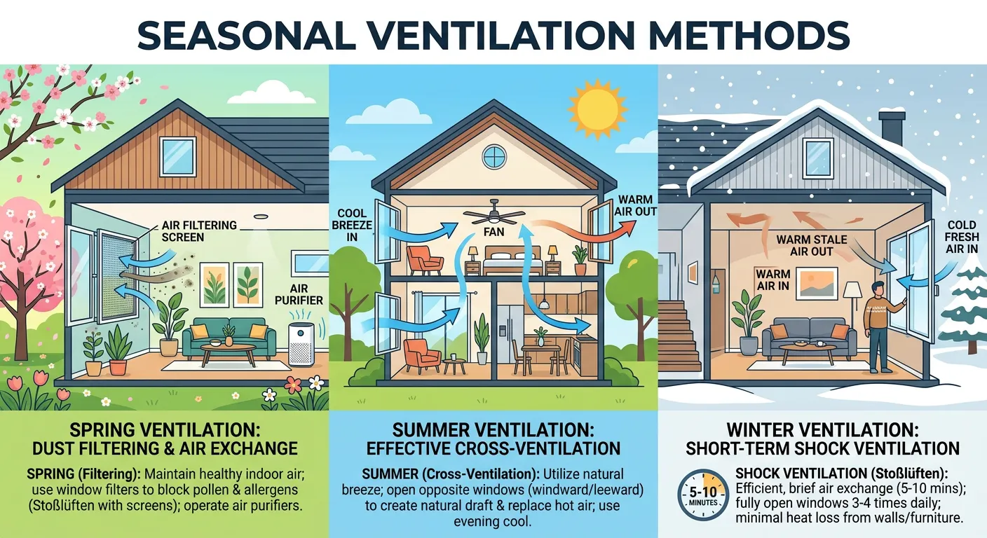 Seasonal ventilation methods illustration: spring dust filtering, summer cross-ventilation, winter short-term ventilation