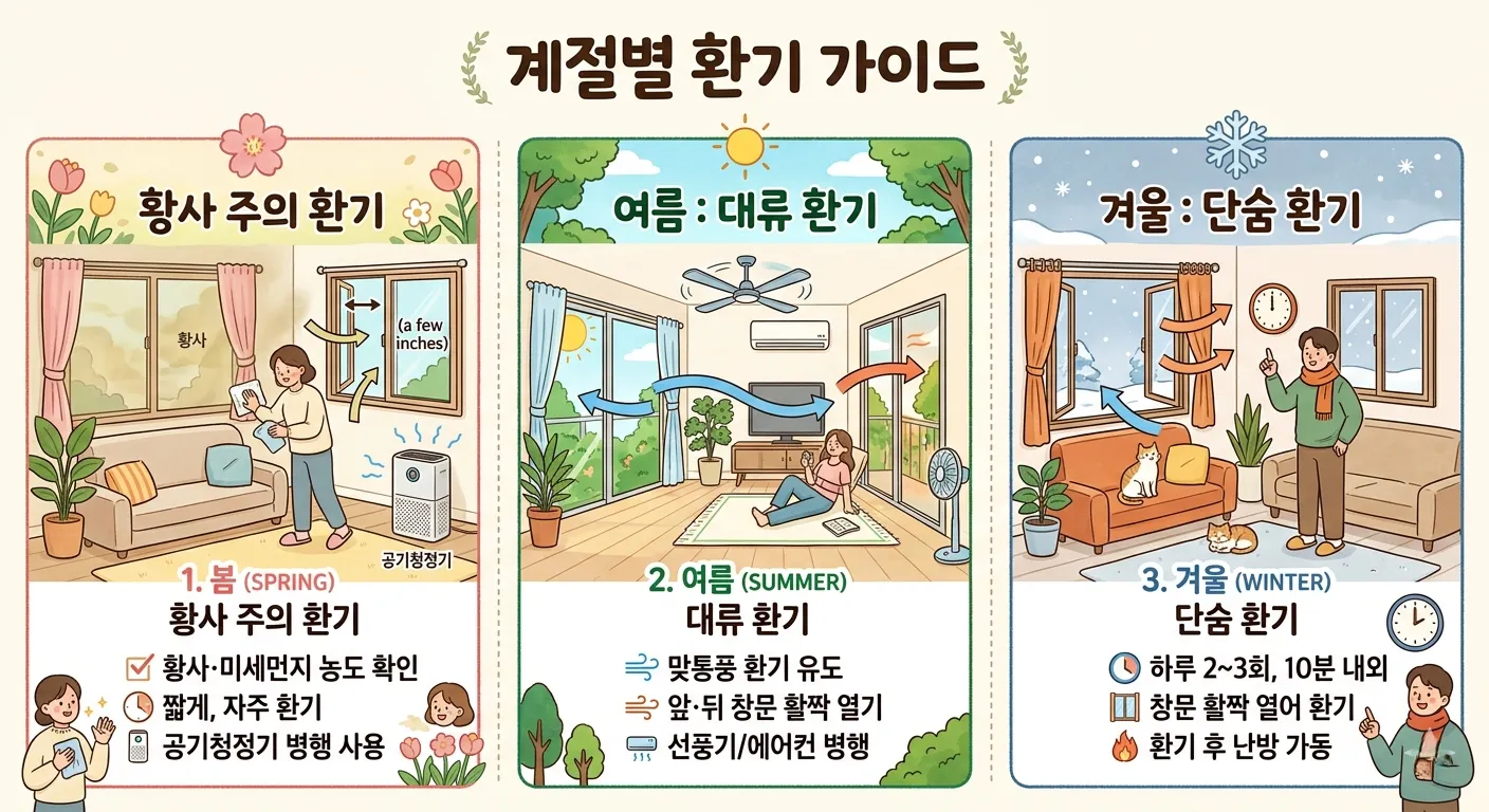 계절별 환기 방법을 보여주는 일러스트: 봄의 황사 주의, 여름의 대류 환기, 겨울의 단숨 환기