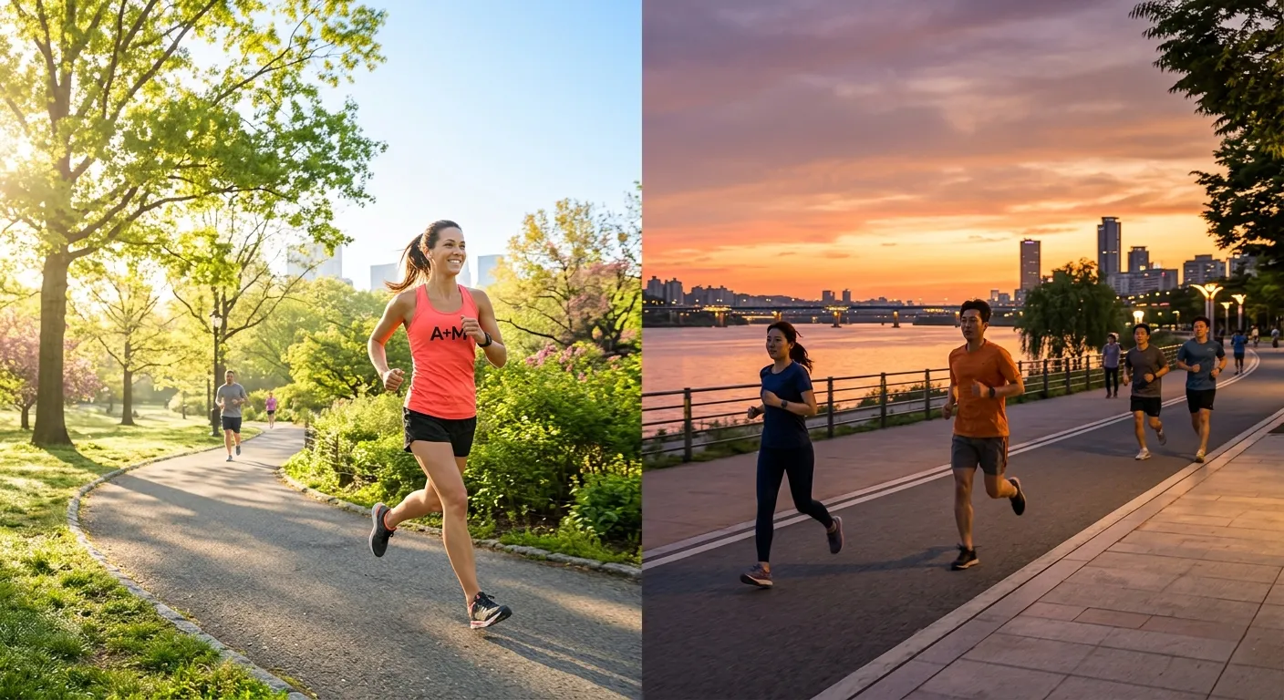 Comparison of morning jogger in sunlight and evening runner at sunset