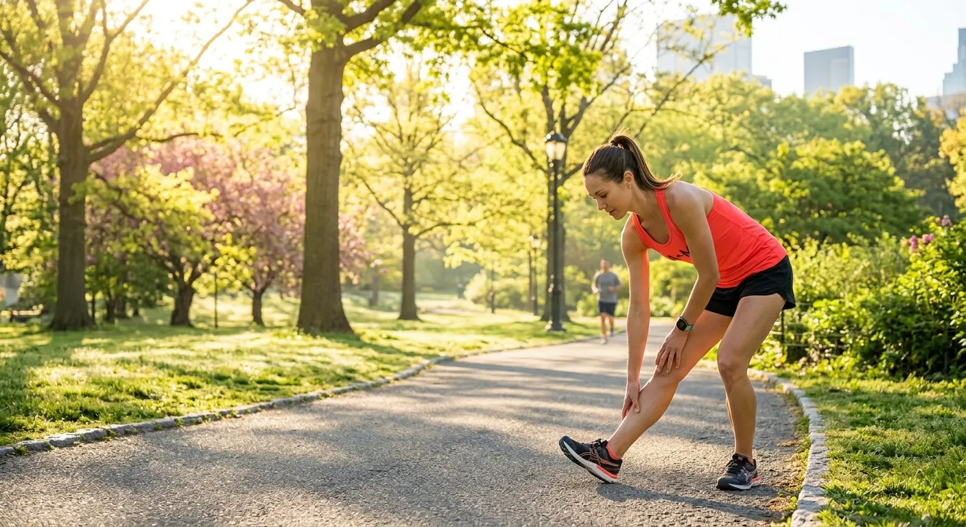 Morning runner stretching in park with sunlight