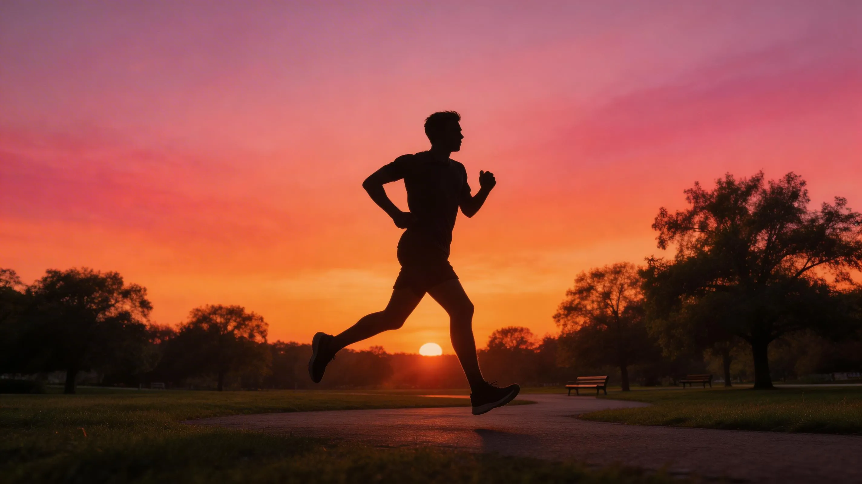 Silhouette of runner in park at sunset