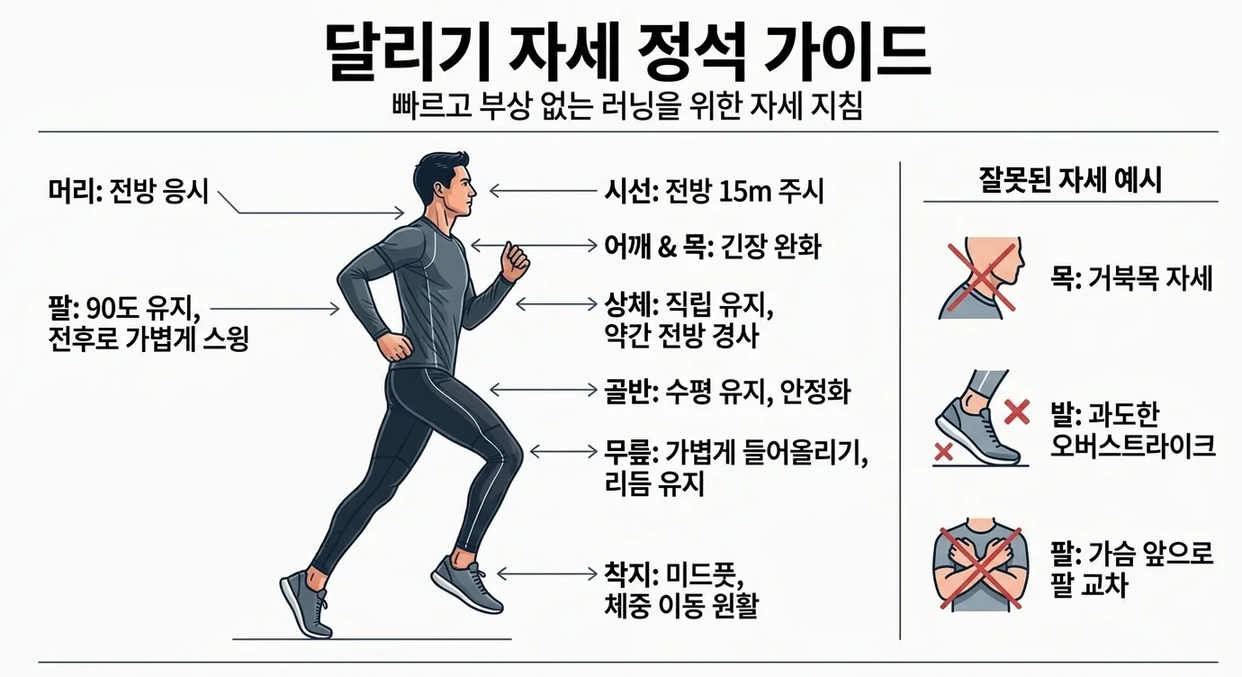 올바른 러닝 자세 인포그래픽 - 상체 정렬, 팔 스윙, 발 착지 자세