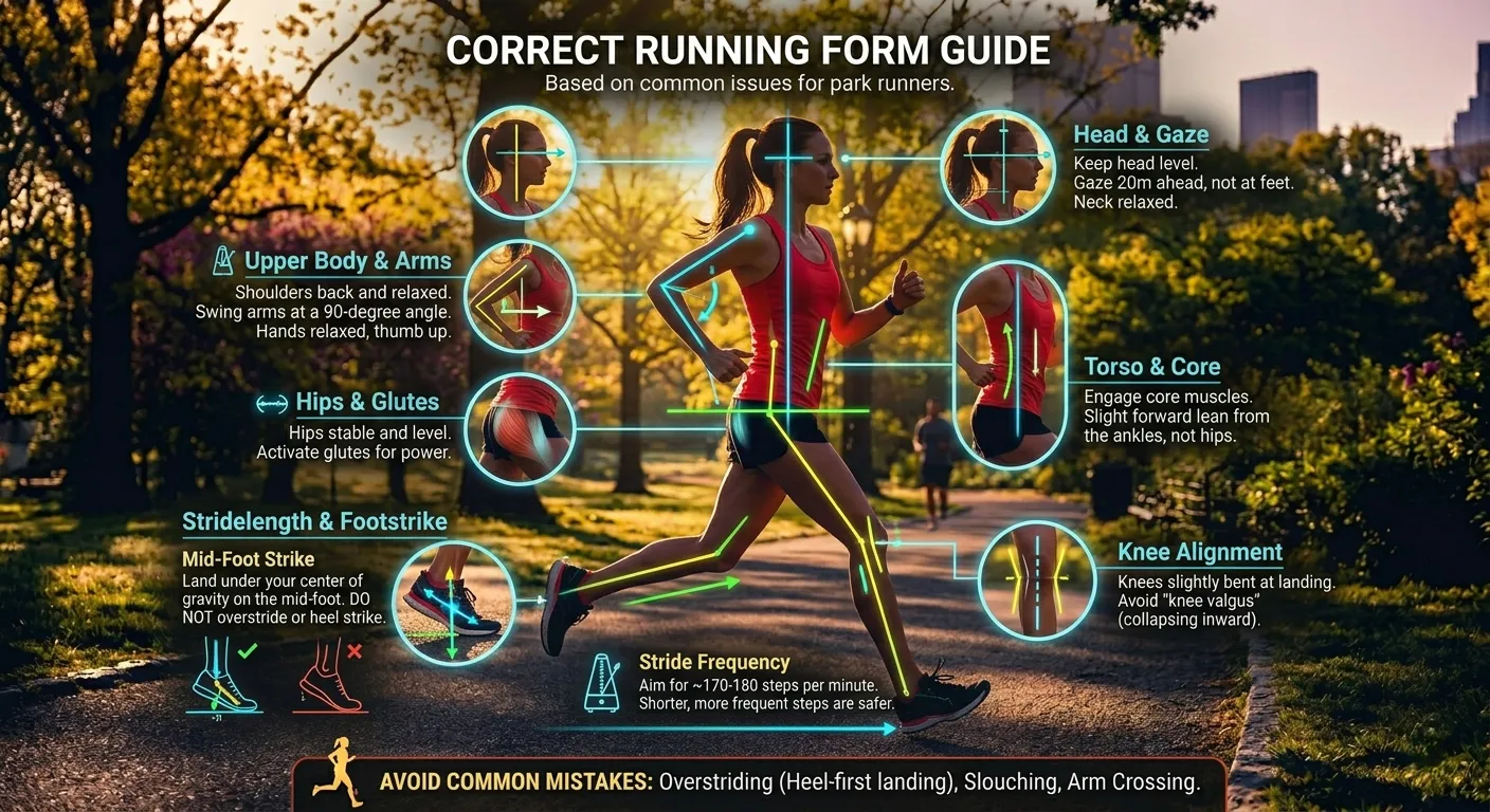 Infographic showing proper running form - upper body alignment, arm swing, foot strike