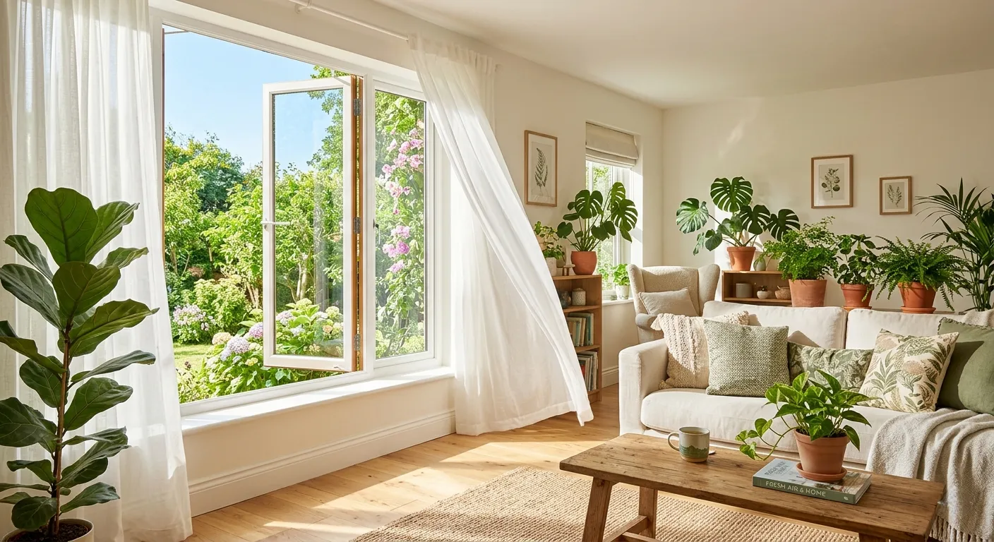 Bright modern living room with open windows, fresh air circulation, healthy indoor space