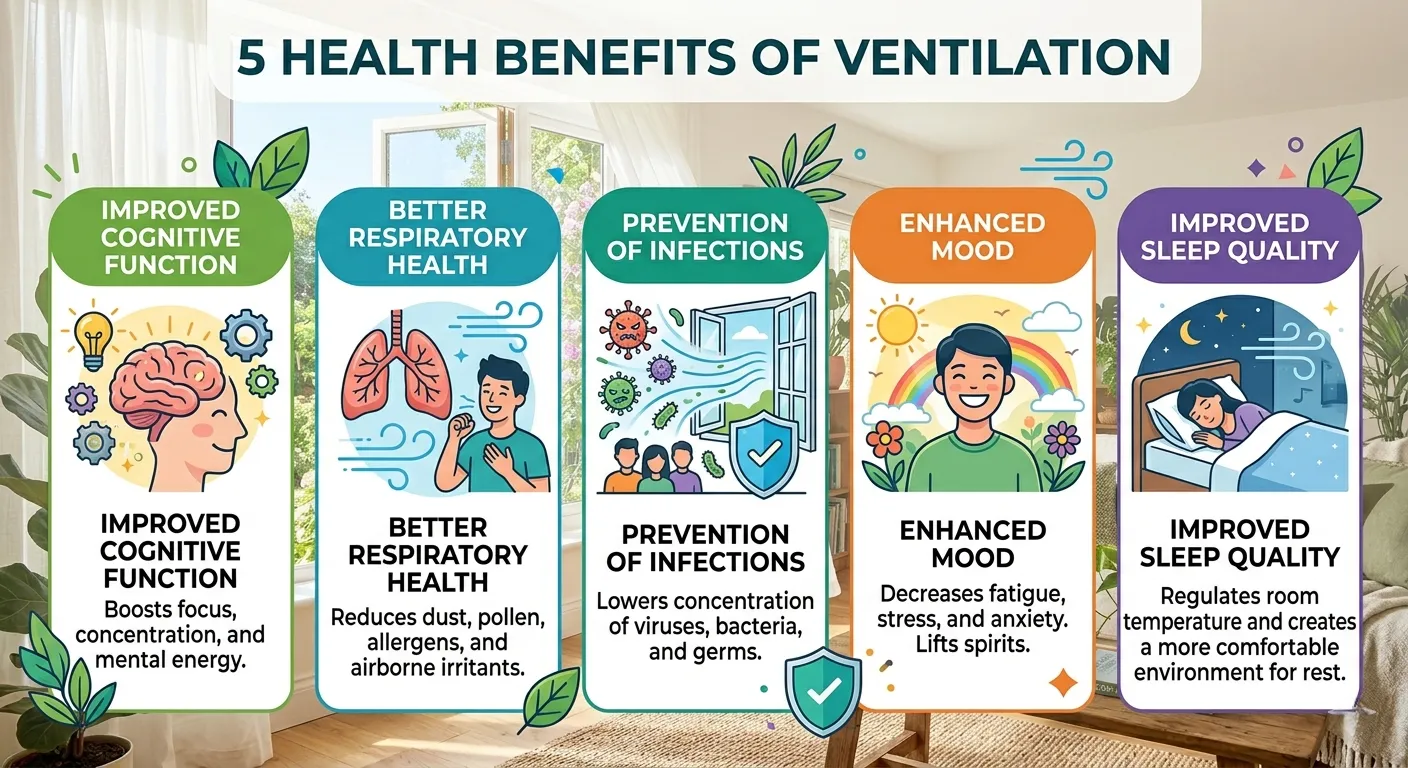 Infographic showing 5 health benefits of ventilation: cognitive function, respiratory health, infection prevention, mood improvement, sleep quality