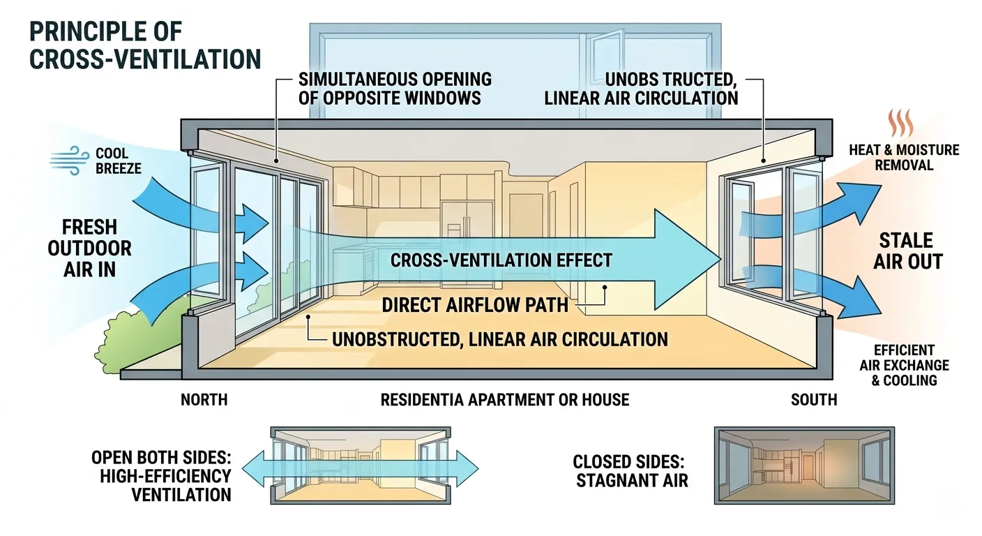 Cross-ventilation diagram showing airflow from windows on opposite walls