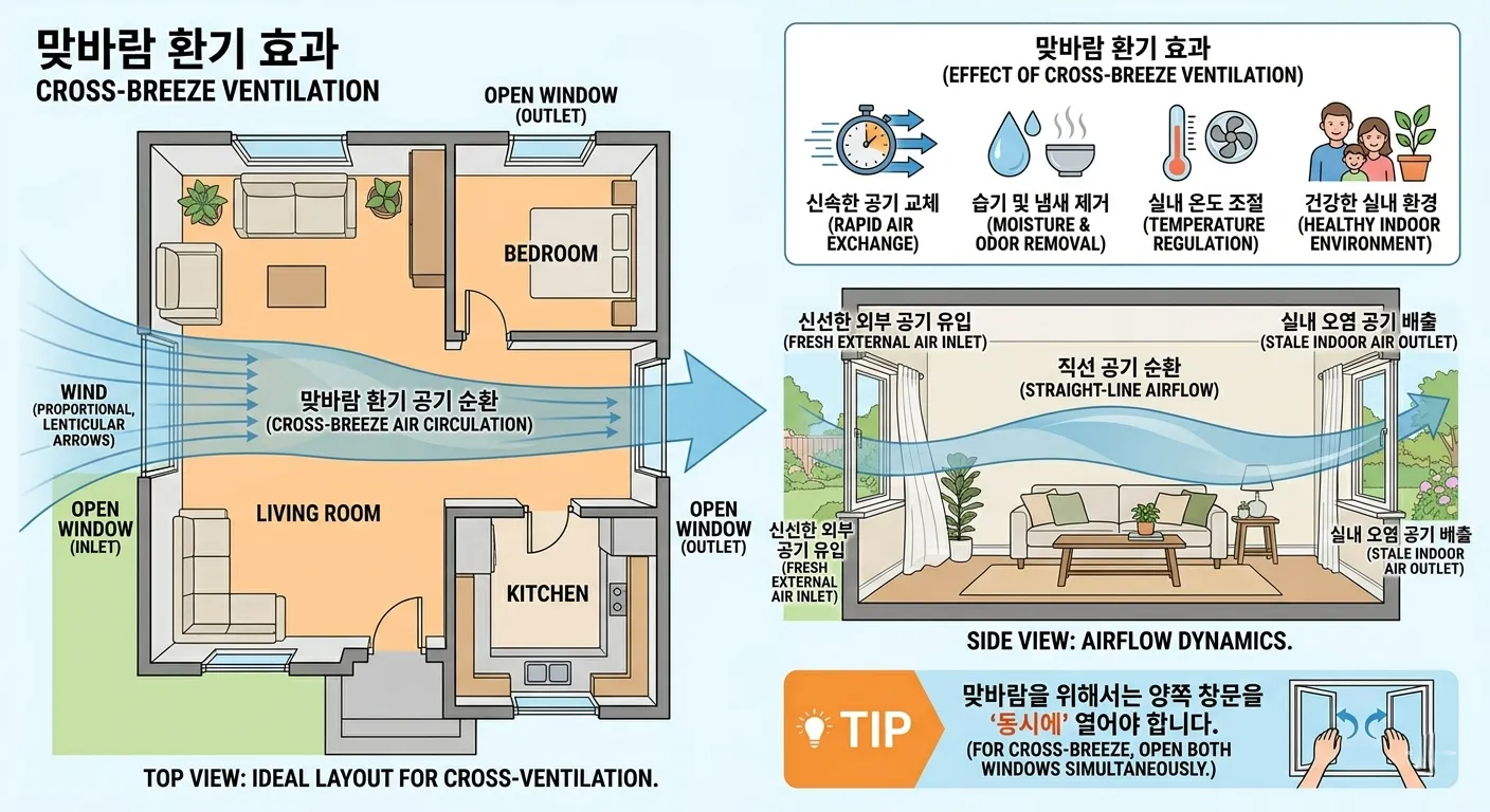 맞바람 환기 방법 도해: 양쪽 창문을 동시에 열어 공기가 직선으로 순환하는 모습