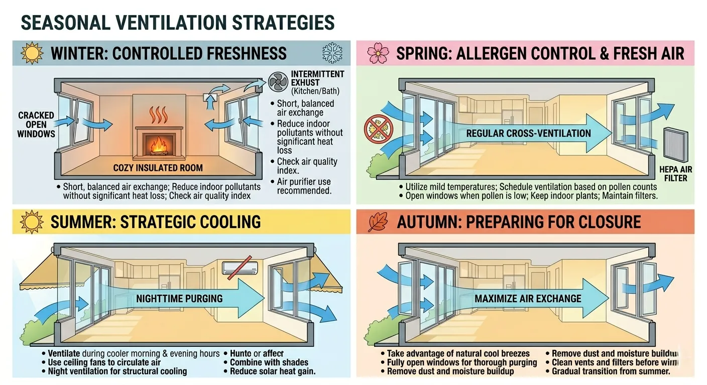 Seasonal ventilation guide infographic showing strategies for winter, spring, summer, and fall