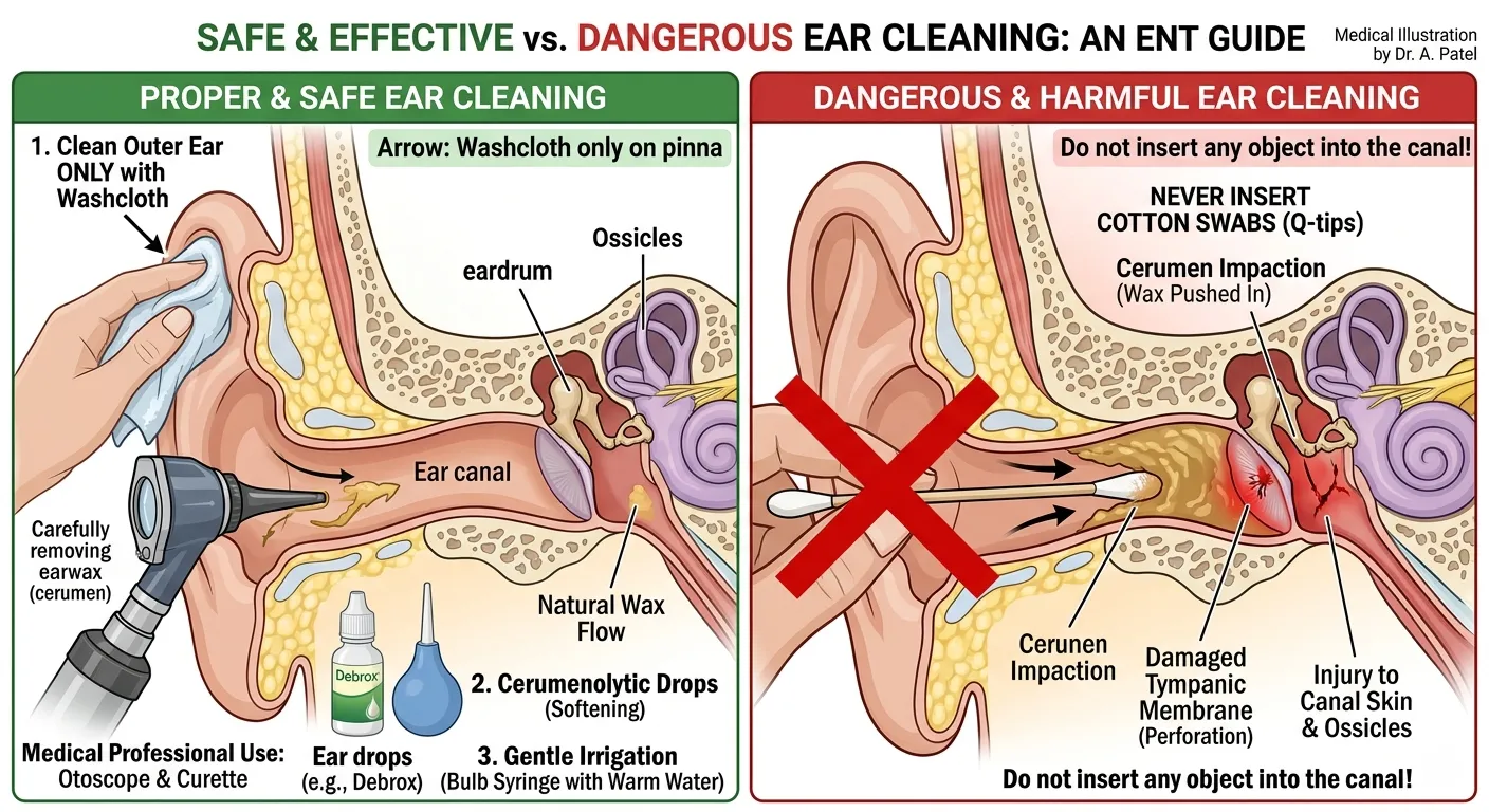 Medical illustration comparing ear canal cross-section, proper ear cleaning tools vs dangerous cotton swabs — educational ENT diagram