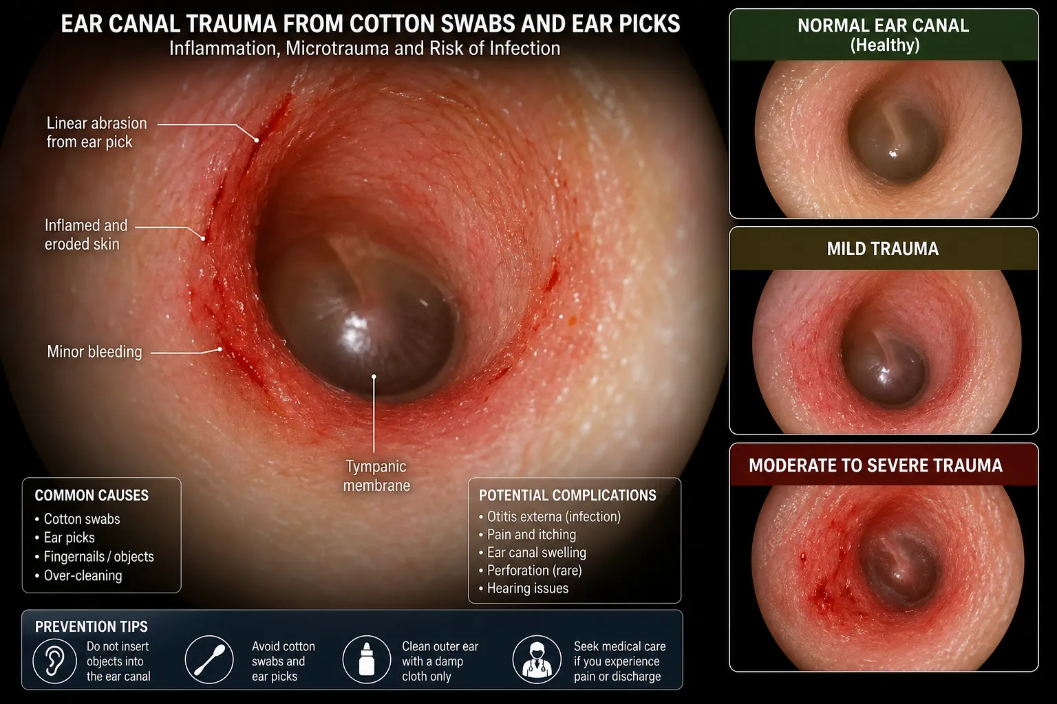 Medical close-up of ear canal damage and inflammation caused by cotton swab and ear pick use — educational clinical image