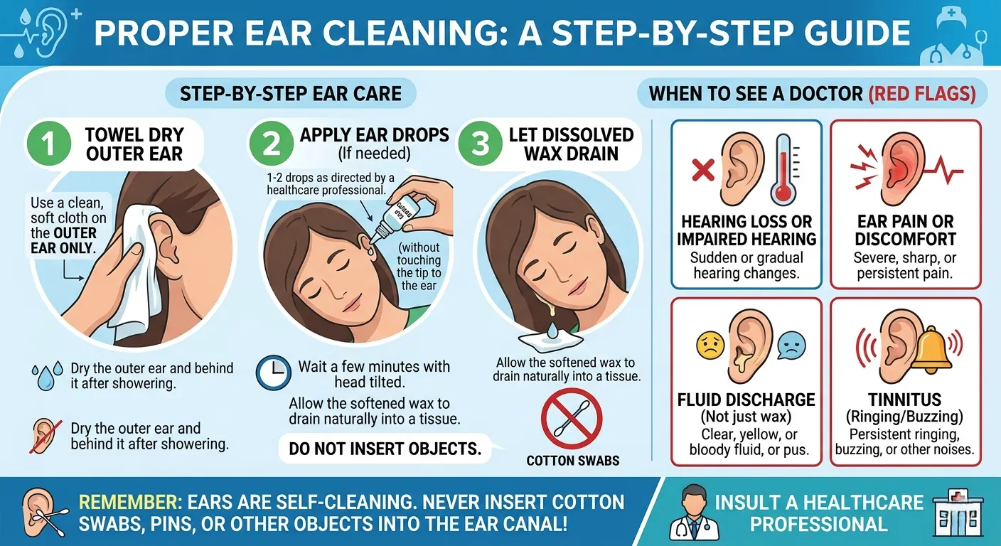 Step-by-step infographic for proper ear cleaning: towel drying outer ear, using ear drops, and when to see a doctor