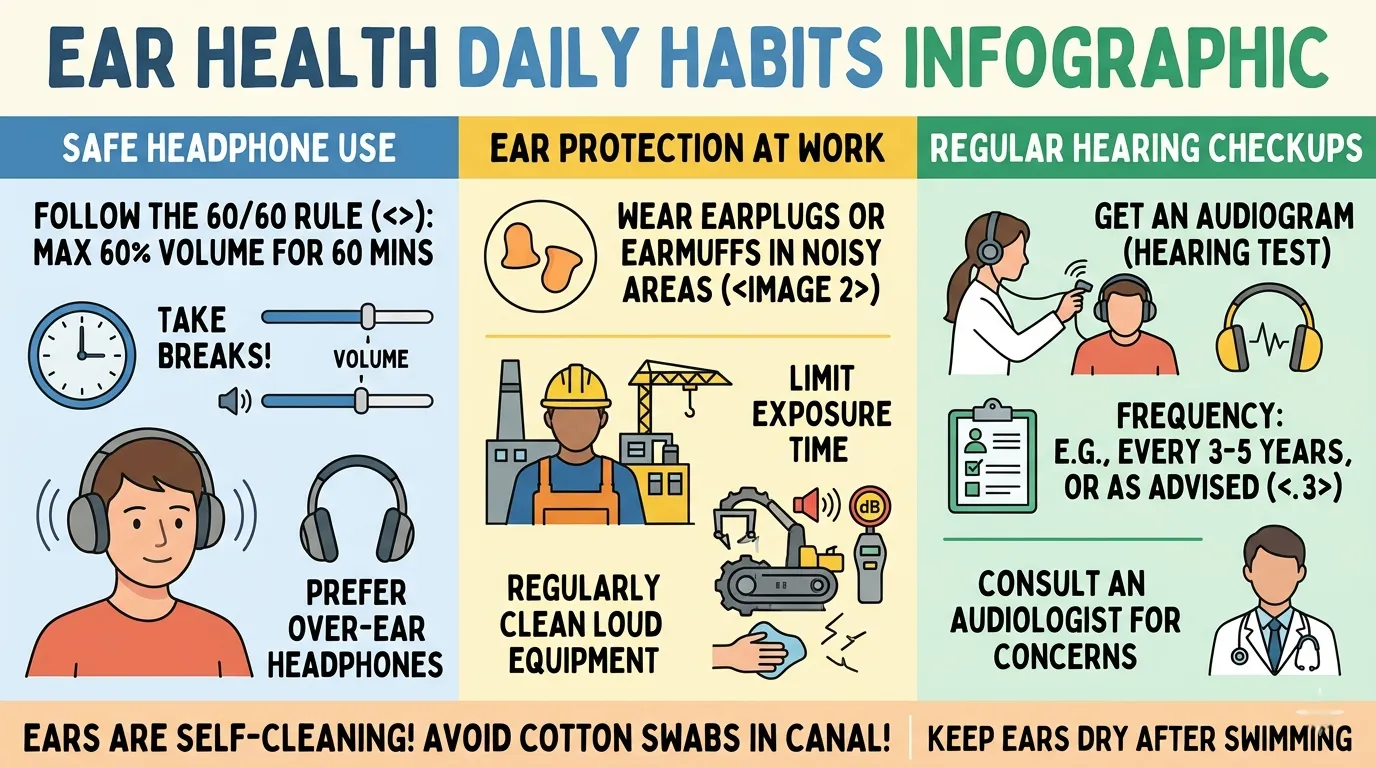 Ear health daily habits infographic — safe headphone use, ear protection at work, regular hearing checkups