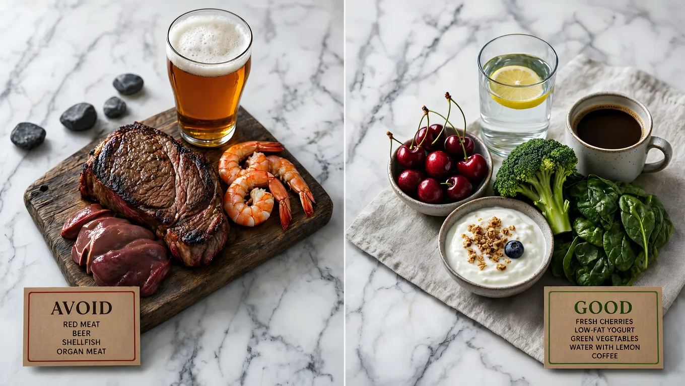 Food photography comparing gout-triggering foods (red meat, beer, shellfish) on the left with gout-friendly foods (cherries, low-fat dairy, vegetables, water) on the right