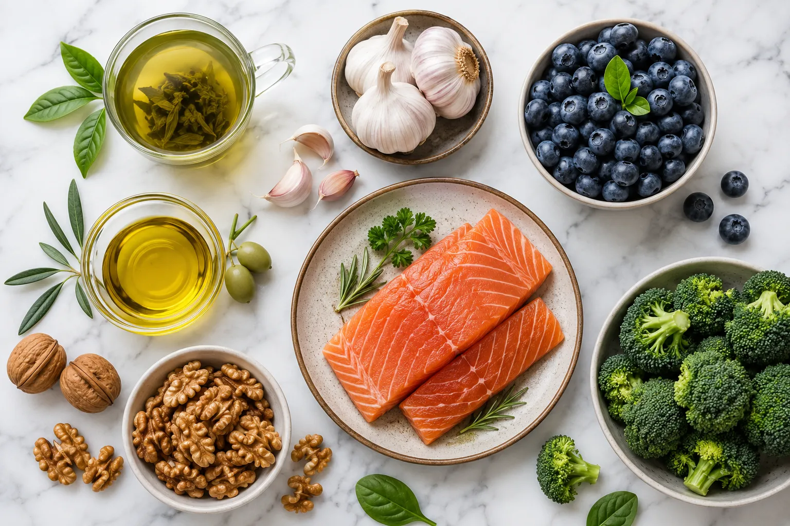 Liver-healthy foods — green tea, garlic, blueberries, salmon, olive oil, broccoli, and walnuts arranged on a white marble surface
