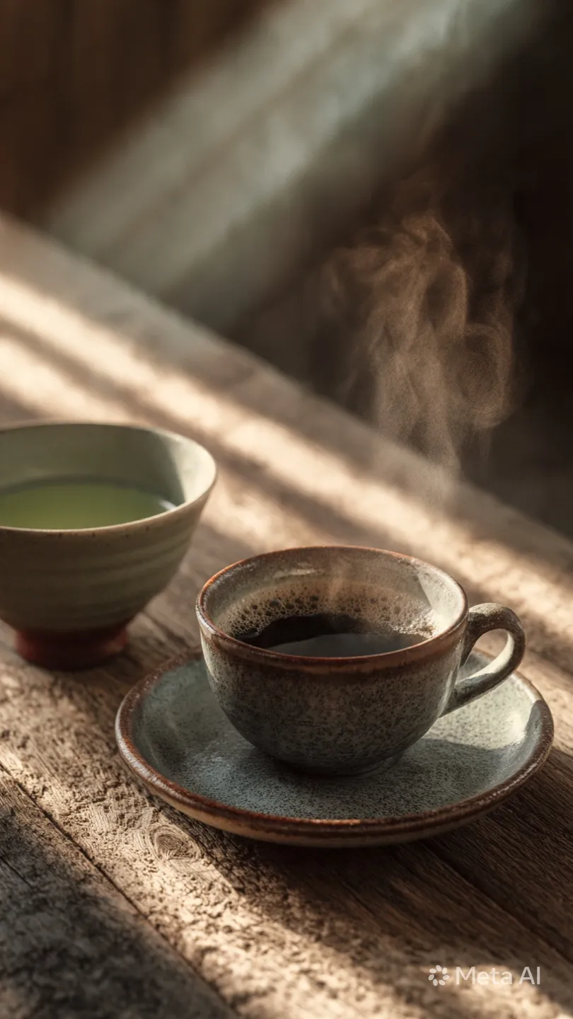 A steaming cup of black coffee beside a bowl of green tea on a wooden table — two of the most liver-friendly beverages
