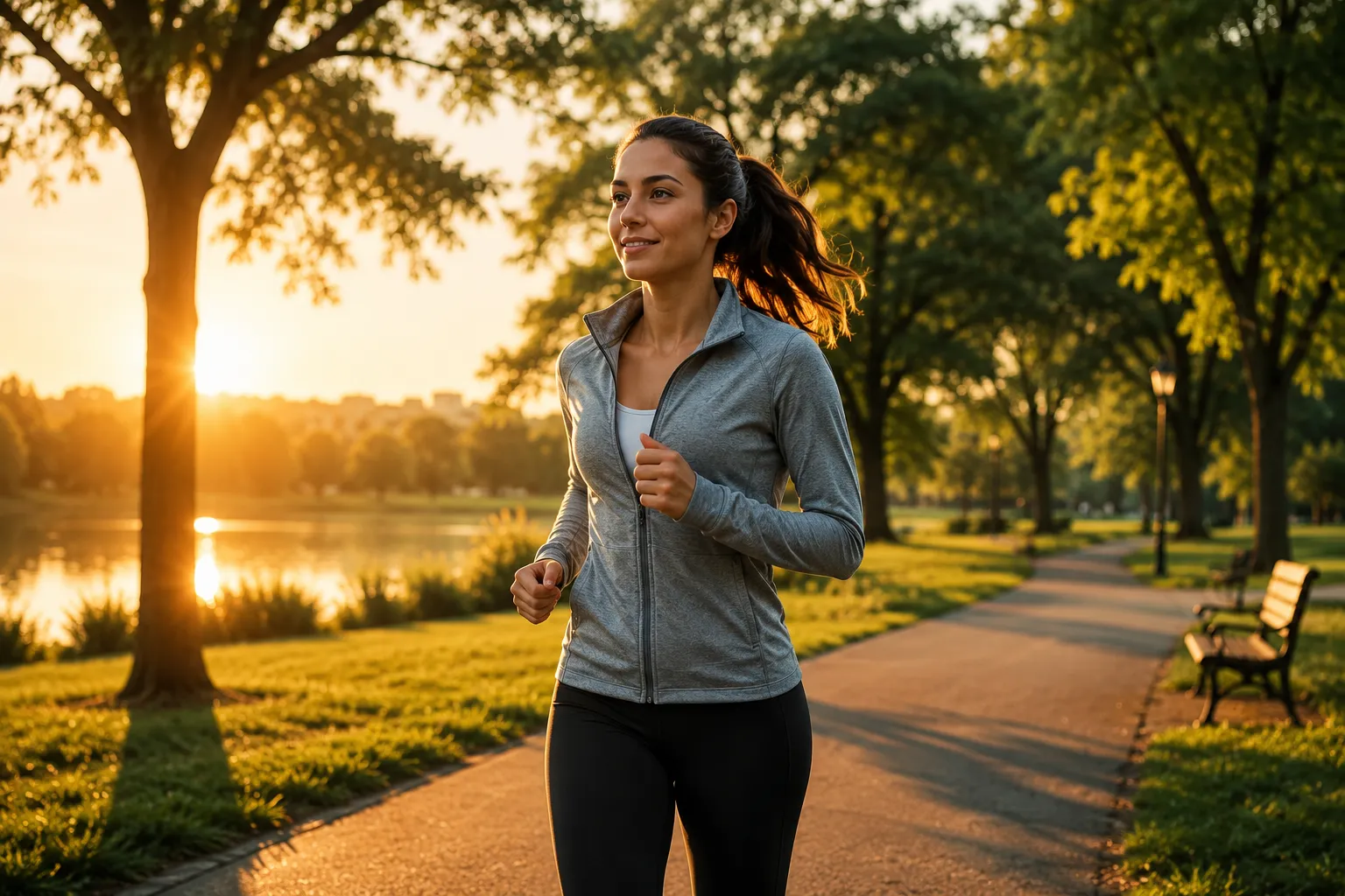 A person jogging in a sunlit green park — aerobic exercise is one of the most efficient ways to reduce liver fat