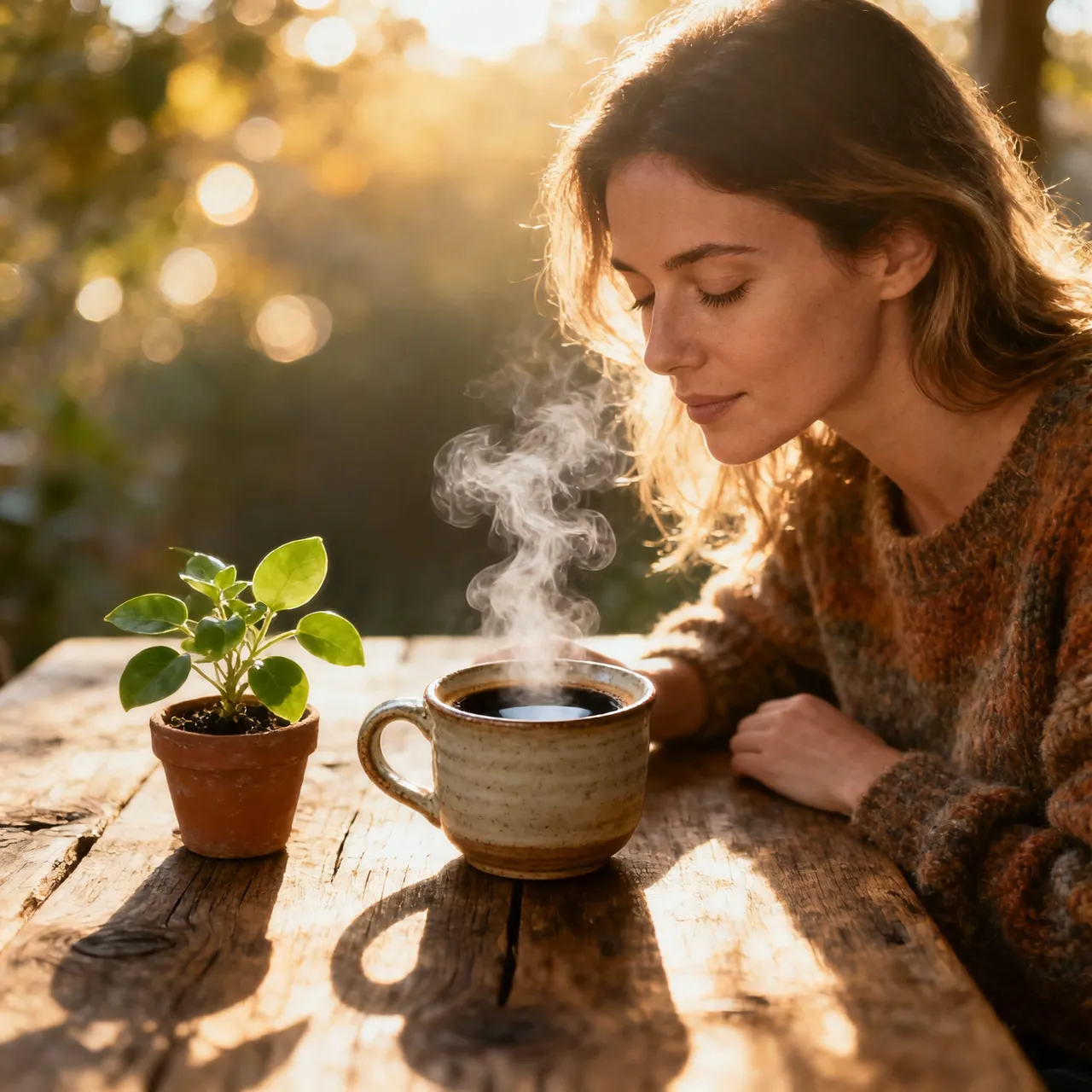 A healthy morning coffee start with a ceramic cup of black coffee on a wooden table, steam rising, next to a small plant with natural light streaming through a window, minimalist healthy lifestyle aesthetic