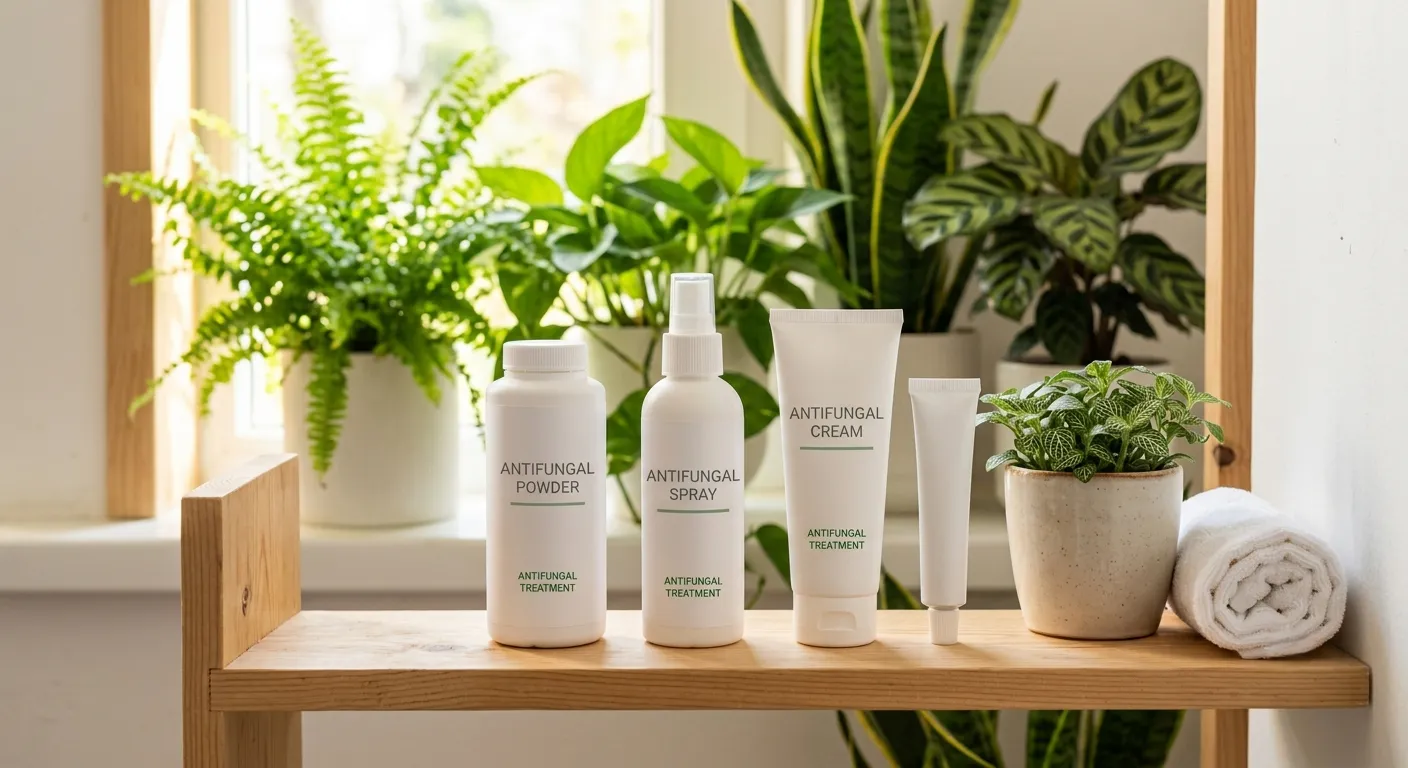 A clean bathroom shelf with antifungal creams and sprays arranged neatly, with green plants in background — athlete's foot medicine guide hero image