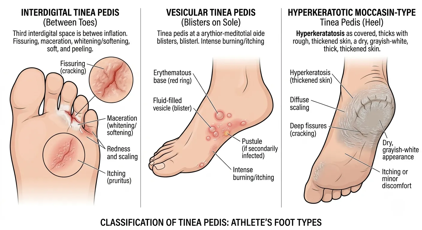 Medical illustration showing the three main types of athlete's foot: interdigital, vesicular, and hyperkeratotic