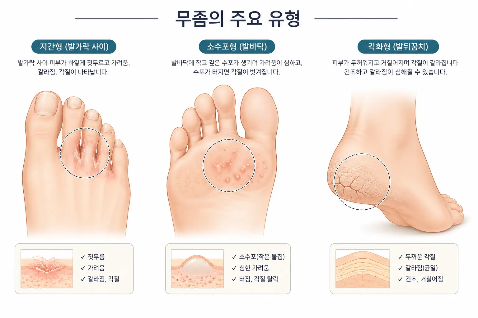 무좀 유형 세 가지(지간형·소수포형·각화형)를 나타내는 의학 일러스트