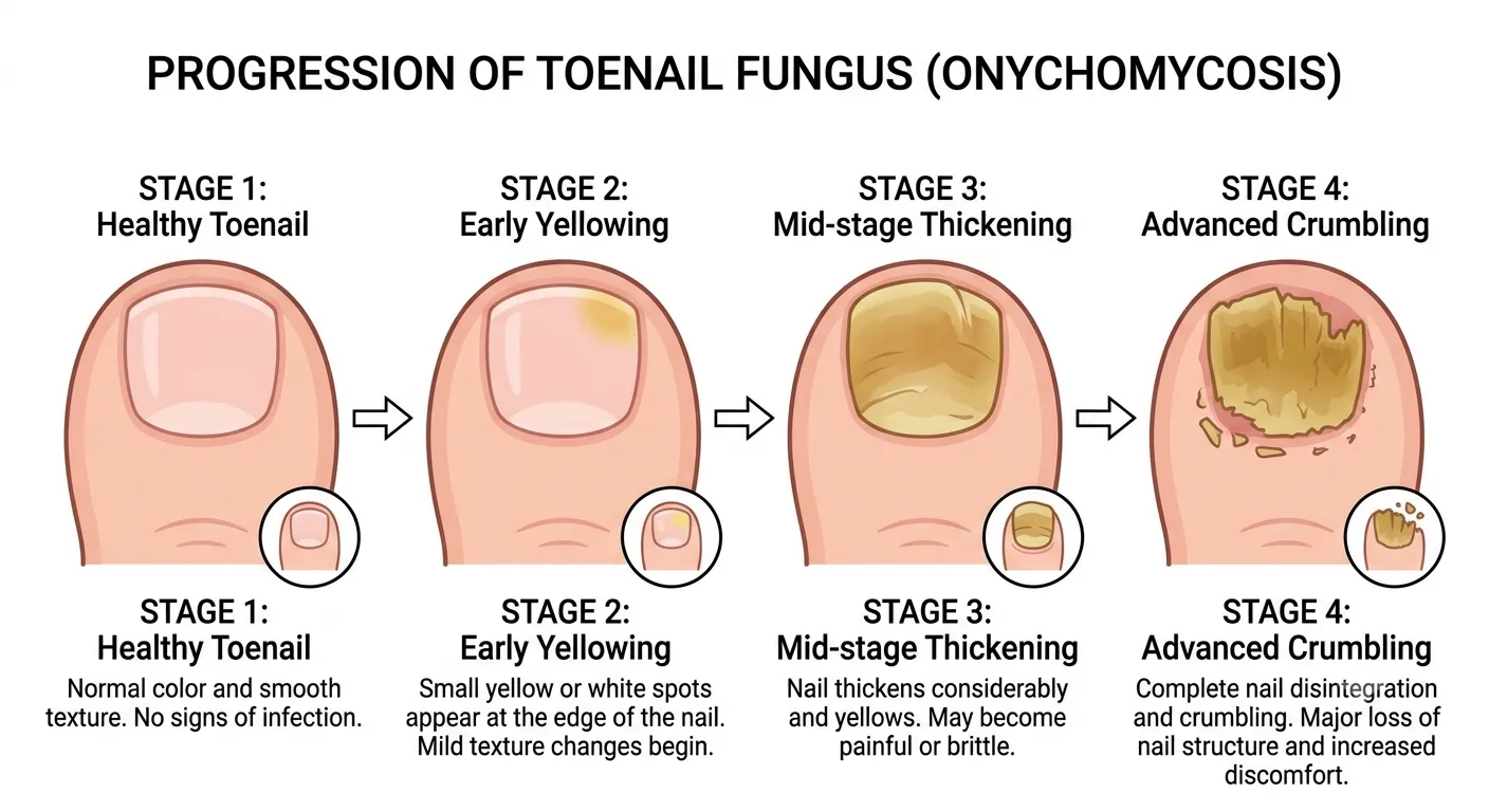 Medical illustration of toenail fungus progression from healthy to severely infected nail