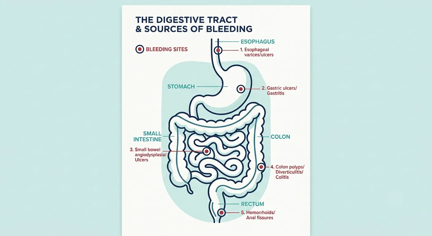 Infographic illustration showing different sections of the digestive tract where bleeding can originate