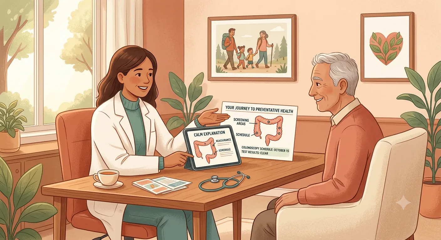 Illustration of a doctor calmly explaining colonoscopy and follow-up testing to a patient