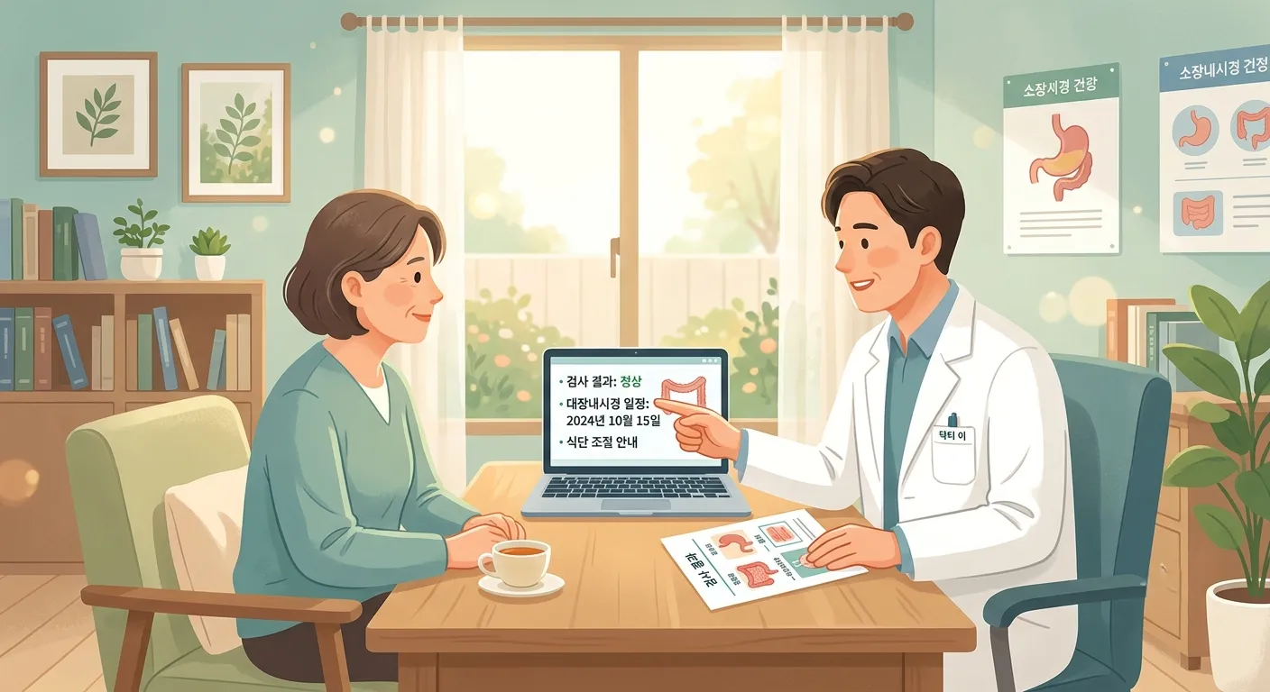 의사가 환자에게 대장내시경 검사에 대해 차분하게 설명하는 진료실 일러스트