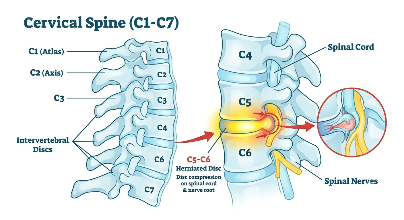 Medical illustration of the cervical spine showing disc herniation at C5-C6 with nerve compression and radiculopathy pathways.