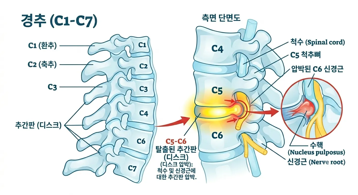 경추 디스크(목디스크)의 구조를 보여주는 의학 일러스트레이션. C5-C6 사이 추간판이 압박받는 모습과 신경 경로를 표현.
