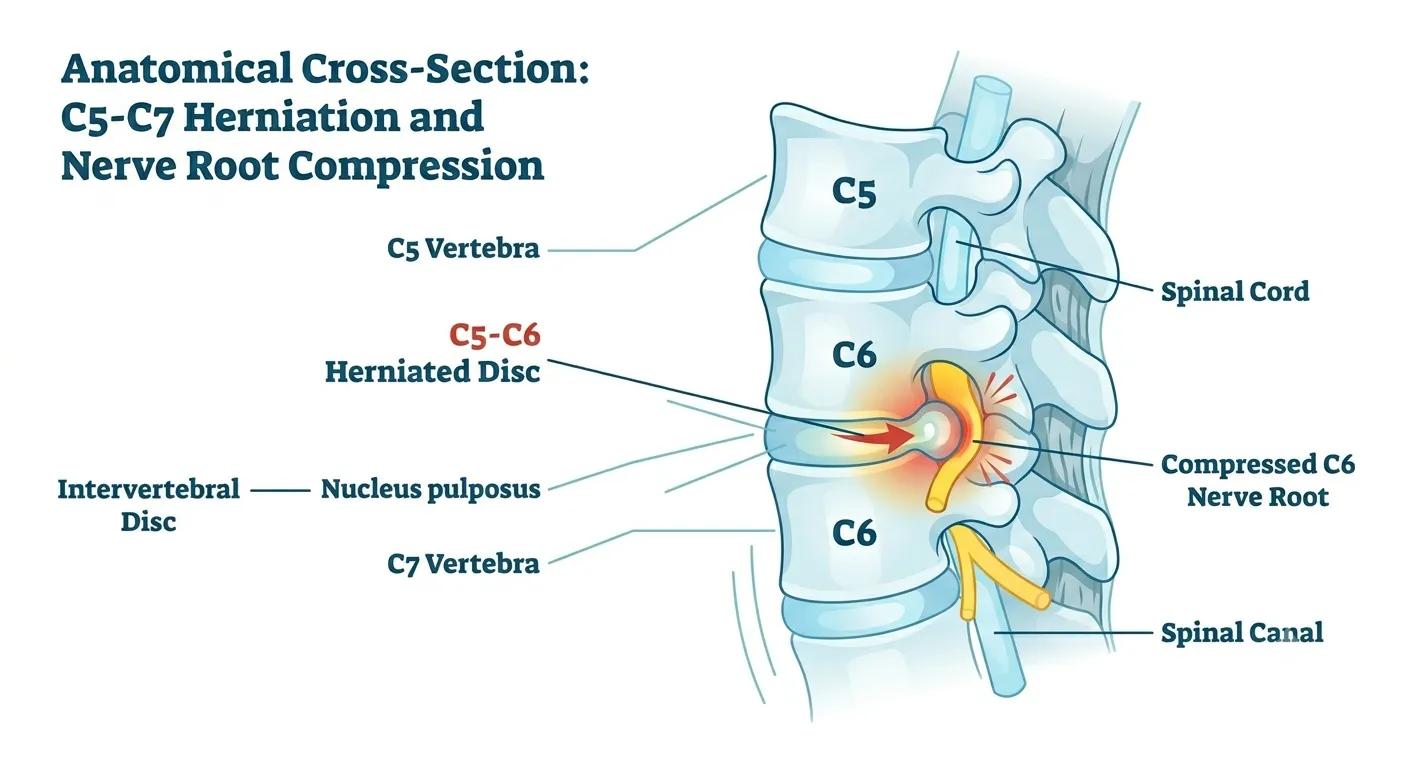 Side-view cross-section of cervical spine C5-C7 showing herniated nucleus pulposus compressing the nerve root — cervical disc herniation mechanism.