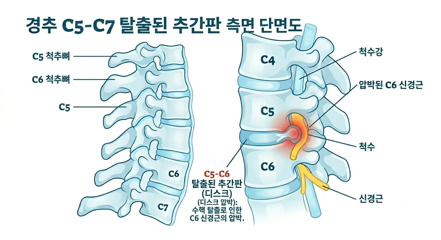 C5-C7 경추 구간의 측면 단면도. 추간판이 신경근을 압박하는 경추 디스크 탈출 메커니즘을 의학적으로 묘사.